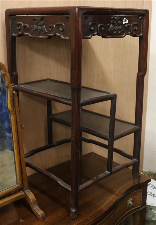 An early 20th century Chinese hardwood three tier occasional table, W.1ft 4in. D.1ft 4in. H.2ft 6in.